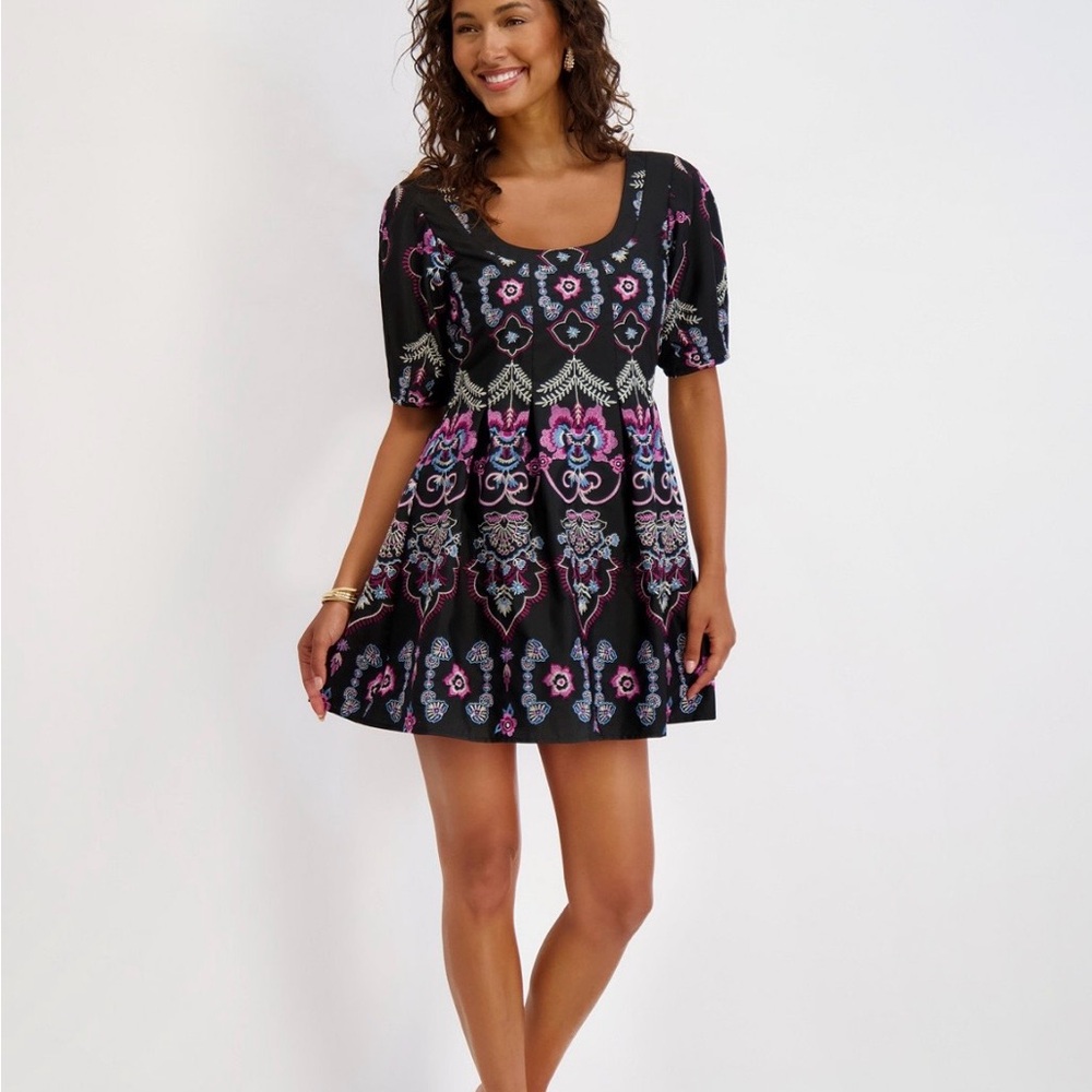 Kensie Black Mini Dress with Pink & Purple Floral Motif
